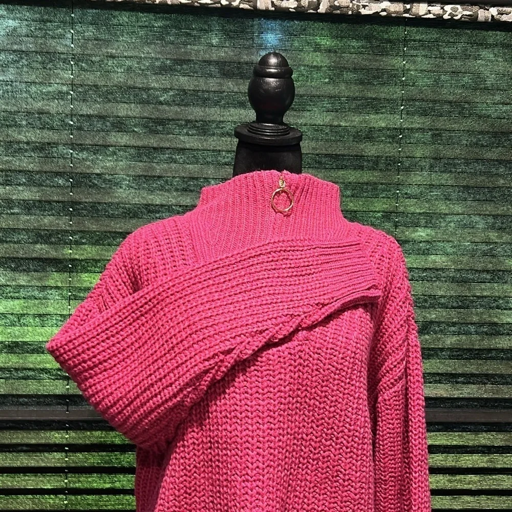 ESTELLE Women’s Panorama Knit V-Neck 1/4 Zipper Fuchsia Pink Sweater 2X(18W) NWT